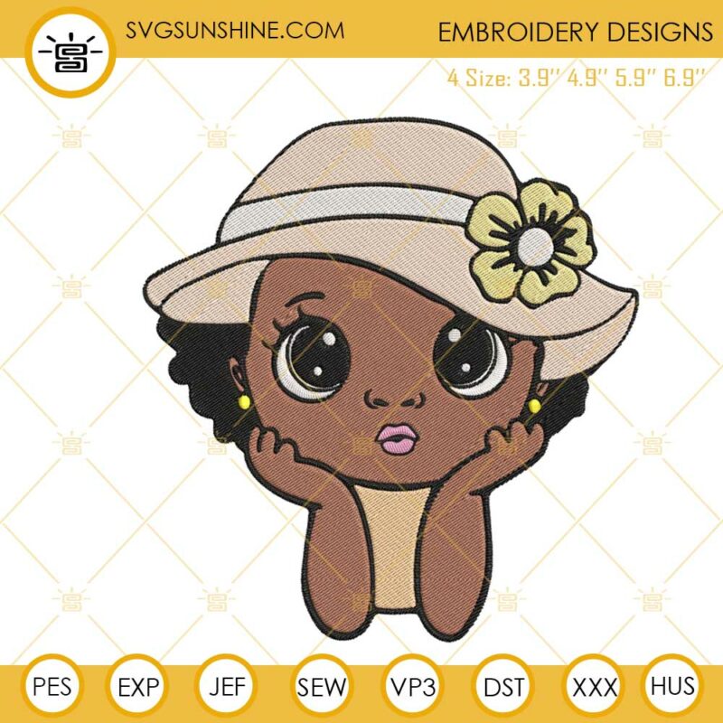 Black Little Girl With Sun Hat Embroidery Designs, Cute African
