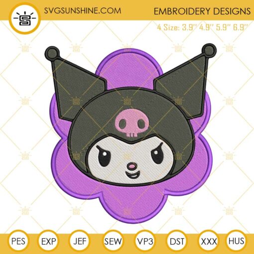 Kuromi Face Flower Embroidery Designs, Cute Sanrio Embroidery Files