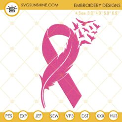 Pink Ribbon With Feather And Birds Embroidery Designs, Breast Cancer Awareness Ribbon Embroidery Files