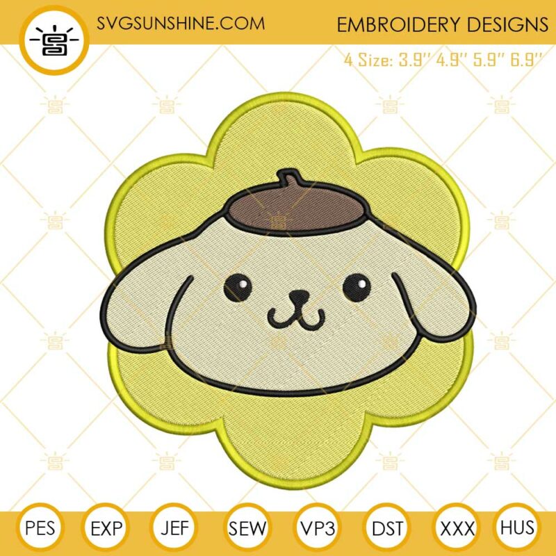 Pompompurin Face Flower Embroidery Designs, Cute Sanrio Dog Embroidery