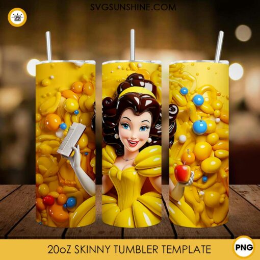 Belle Princess 3D 20oz Skinny Tumbler Sublimation PNG, Beauty And The Beast Tumbler Template PNG