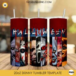 Halloween Movies 20oz Skinny Tumbler PNG, Horror Characters Tumbler Template PNG Download