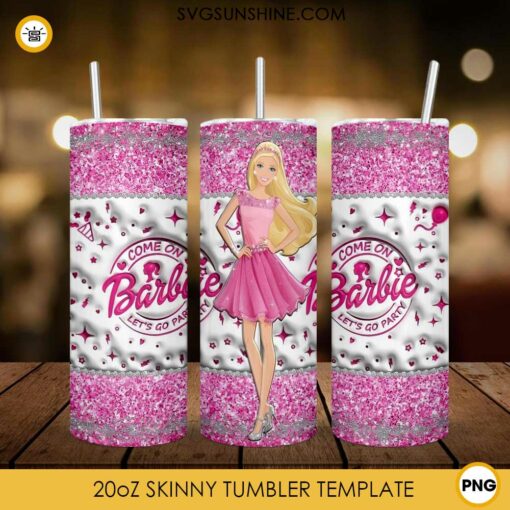 Barbie Doll Blonde Hair 20oz Skinny Tumbler Design PNG, Let's Go Party Barbie Tumbler Template PNG