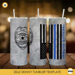 Police Officer 20oz Skinny Tumbler Wrap PNG, Thin Blue Line Flag Tumbler Template PNG