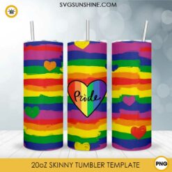 Pride Rainbow Heart 20oz Skinny Tumbler Wrap PNG, LGBTQ Month Tumbler Template PNG