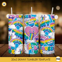 Queer And Here 20oz Skinny Tumbler Wrap PNG, Funny LGBT Rainbow Heart Tumbler Template PNG