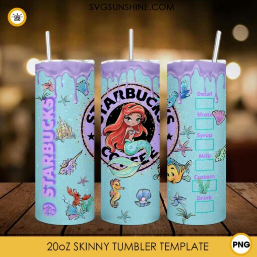 Ariel Princess Starbucks Coffee 20oz Skinny Tumbler Wrap PNG, Disney The Little Mermaid Tumbler Template PNG File