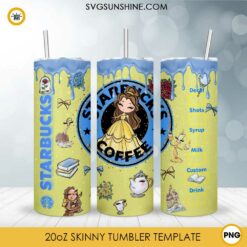 Belle Disney Princess Starbucks Coffee 20oz Skinny Tumbler Wrap PNG, Beauty And The Beast Tumbler Template PNG