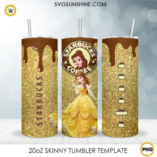 Disney Princess Belle Starbucks Coffee 20oz Skinny Tumbler Wrap PNG, Beauty And The Beast Tumbler Template PNG Digital Download