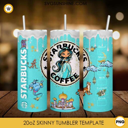 Cute Jasmine Princess Starbucks Coffee 20oz Skinny Tumbler Wrap PNG, Disney Aladdin Tumbler Template PNG Design