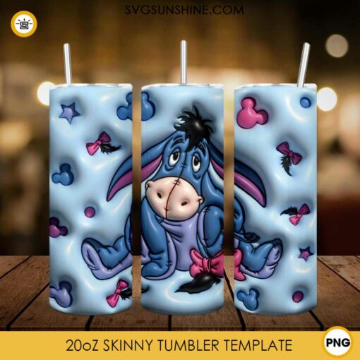 Eeyore 3D Inflated 20oz Skinny Tumbler Wrap PNG, Winnie The Pooh Donkey Tumbler Template PNG Design