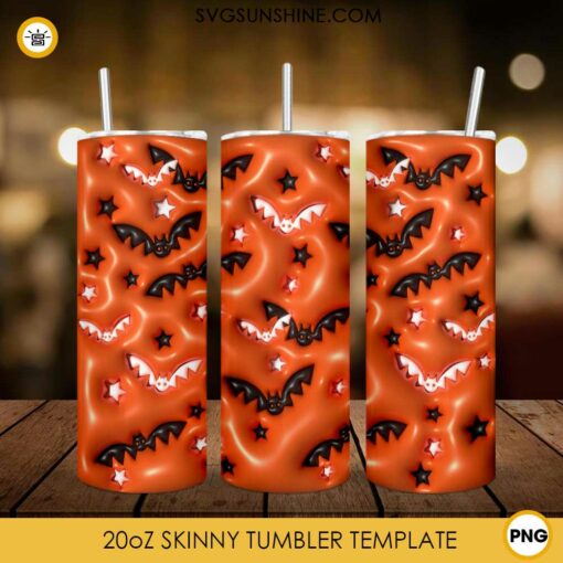 Halloween Bat 3D Inflated 20oz Skinny Tumbler Wrap PNG, Spooky Season 3D Tumbler Template PNG Design