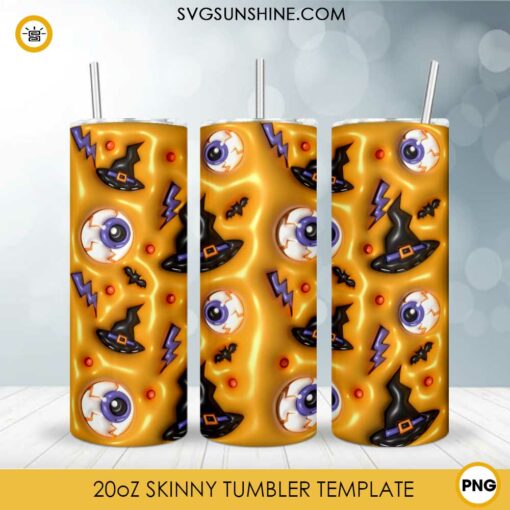Halloween Eyeballs 3D Inflated 20oz Skinny Tumbler Wrap PNG, Funny Halloween Tumbler Template PNG Digital File