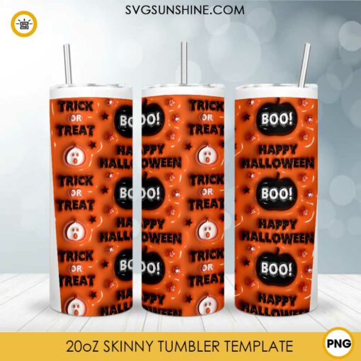 Happy Halloween Boo 3D Inflated 20oz Skinny Tumbler Wrap PNG, Trick Or Treat Tumbler Template PNG Digital File