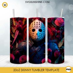 Jason Voorhees 3D Floral 20oz Skinny Tumbler Wrap PNG, Halloween 13th Friday Tumbler Template PNG Design