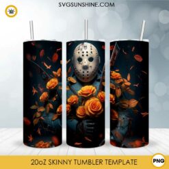 Jason Voorhees Flower 20oz Skinny Tumbler Sublimation Design PNG, Friday The 13th Halloween Tumbler Template PNG Download
