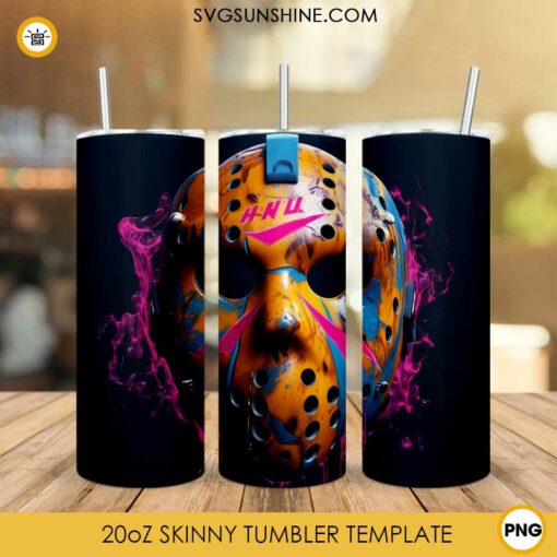 Jason Voorhees Mask Colorful 20oz Skinny Tumbler Wrap PNG, 13th Friday Halloween Tumbler Template PNG Design