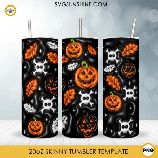 Pumpkin And Skull 3D Inflated 20oz Skinny Tumbler Wrap PNG, Halloween 3D Tumbler Template PNG Design