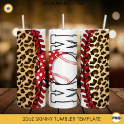 Leopard Baseball Mom 20oz Skinny Tumbler Wrap PNG, Sports Mom Tumbler Template PNG Design