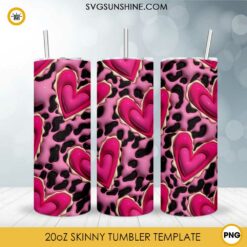 Leopard Pink Heart 3D Puff 20oz Skinny Tumbler Wrap PNG, Love Tumbler Template PNG Design