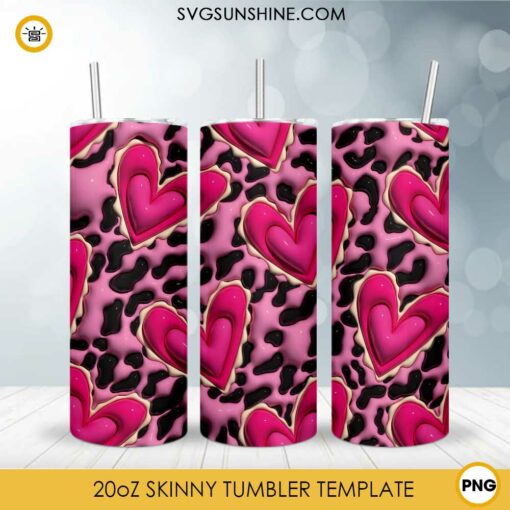 Leopard Pink Heart 3D Puff 20oz Skinny Tumbler Wrap PNG, Love Tumbler Template PNG Design