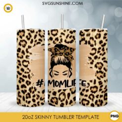 Mom Life Leopard 20oz Skinny Tumbler Wrap PNG, Messy Bun Mom Tumbler Template PNG Design Download