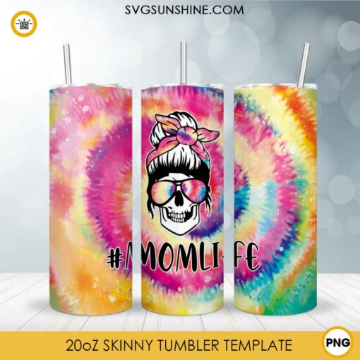 Mom Life Tie Dye Messy Bun Skull 20oz Skinny Tumbler Wrap PNG Digital Download File