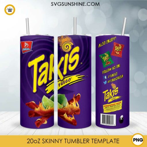 Takis Fuego 20oz Skinny Tumbler Wrap PNG, Chili Snack Tumbler Template PNG Design