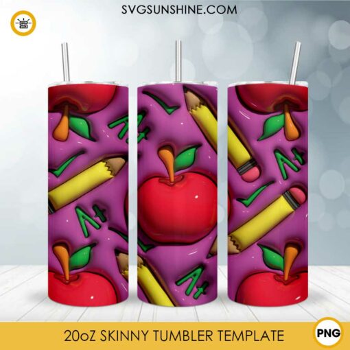 Teacher Apple 3D Puff 20oz Skinny Tumbler Wrap PNG, School Tumbler Template PNG Design