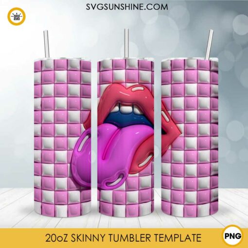 Tongue Lips Pink Checkered 3d Inflated 20oz Skinny Tumbler Wrap PNG