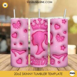 Barbie 3D Puff 20oz Skinny Tumbler Design PNG, Barbie Princess 3D Tumbler Template PNG
