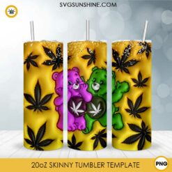 Care Bears Weed 3D Inflated 20oz Skinny Tumbler Sublimation Design PNG, Funny Marijuana Tumbler Template PNG Download