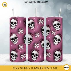 Cute Skull 3D Inflated 20oz Skinny Tumbler Sublimation Design PNG, Funny Halloween Tumbler Template PNG Download