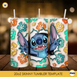 Disney Stitch Flowers 3D Puff 20oz Skinny Tumbler Design PNG, Lilo And Stitch 3D Tumbler Template PNG