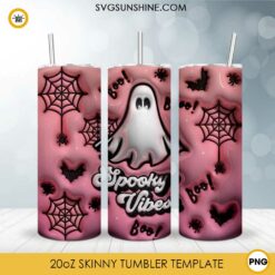 Spooky Vibes Boo 3D Puff 20oz Skinny Tumbler Design PNG, Halloween Ghost 3D Tumbler Template PNG