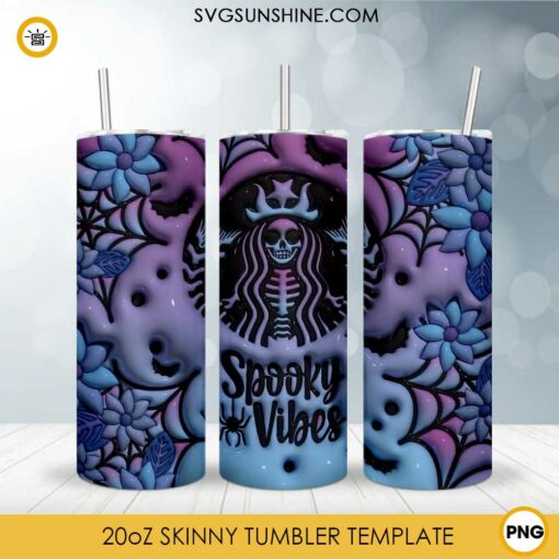 Spooky Vibes Skeleton Starbucks 3D Puff 20oz Skinny Tumbler Design PNG, Halloween Coffee 3D Tumbler Template PNG