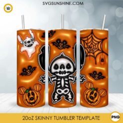 Stitch Skeleton 3D Puff 20oz Skinny Tumbler Design PNG, Disney Halloween 3D Tumbler Template PNG File