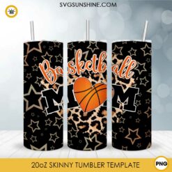 Basketball Mom Leopard Print 20oz Skinny Tumbler Wrap PNG, Funny Sports Mama Tumbler Template PNG Design