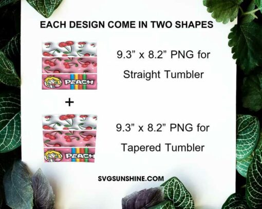 Princess Peach 3D Inflated 20oz Skinny Tumbler Wrap PNG, Super Mario Princess Tumbler Template PNG File