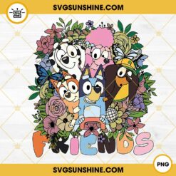 Bluey Friends Floral PNG, Bluey Dog Cartoon PNG, Bluey Bingo Coco Snickers Dog PNG