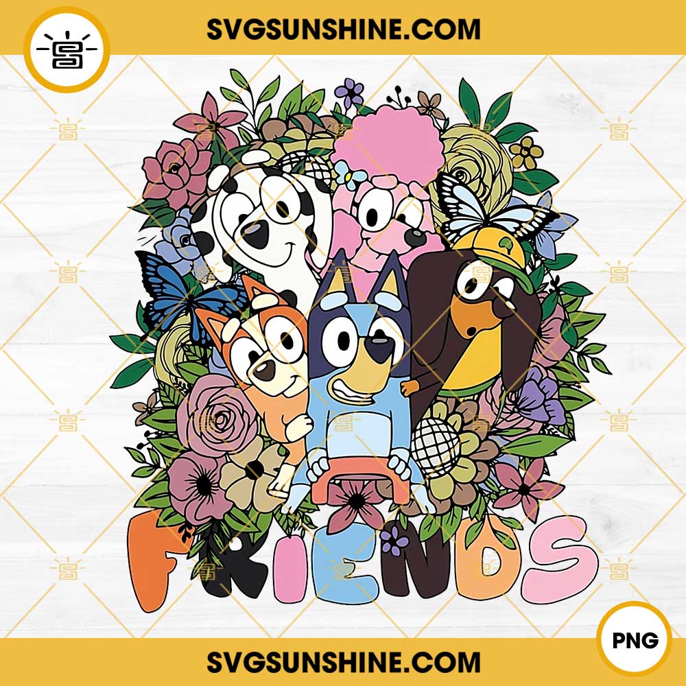 Bluey Friends Floral PNG, Bluey Dog Cartoon PNG, Bluey Bingo Coco ...