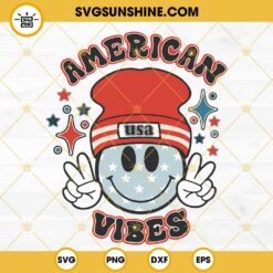 American Vibes Smiley Face Beanie SVG, Retro 4th Of July SVG, Patriotic Independence Day SVG PNG DXF EPS Cut Files