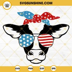 American Cow Head SVG, Funny 4th Of July SVG, Cow With US Flag Bandana And Sunglasses SVG, Patriotic Heifer SVG PNG DXF EPS