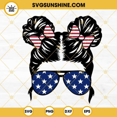 American Flag Messy Bun Hair Kid Sunglasses SVG, Patriotic Girl SVG ...