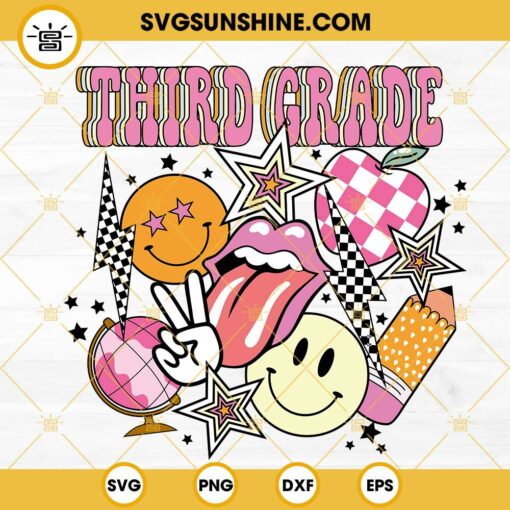 Third Grade SVG, 3rd Grade SVG, Smiley Face SVG, Retro Teacher SVG, Funny School SVG PNG DXF EPS Cricut