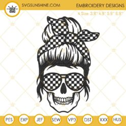 Messy Bun Skull Racing Embroidery Designs, Racing Mom Machine Embroidery Files