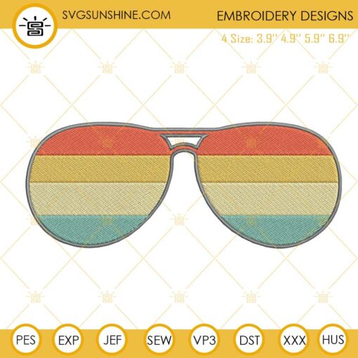 Vintage Retro Sunset Sunglasses Embroidery Designs, Summer Beach Machine Embroidery Files