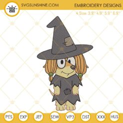 Bluey Indy Witchy Halloween Embroidery Designs, Bluey Heeler Halloween Embroidery Files