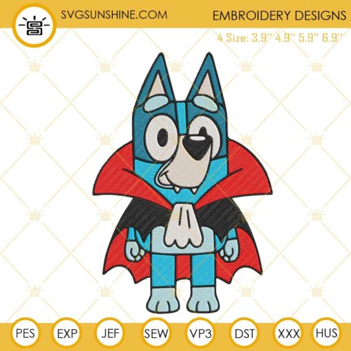 Bluey Vampire Embroidery Files, Cute Blue Dog Halloween Embroidery Designs