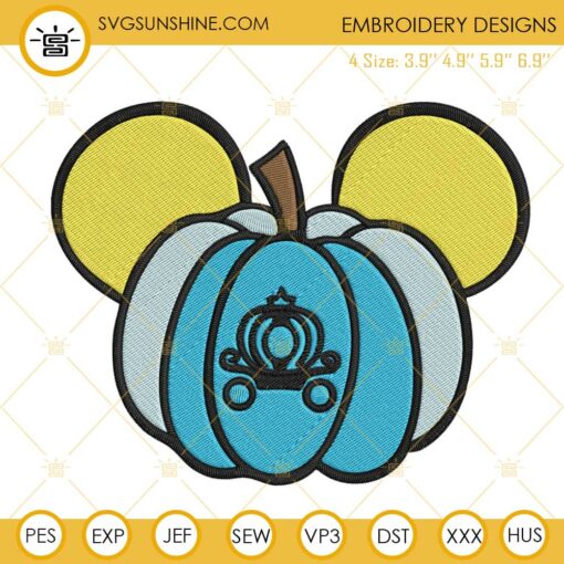 Cinderella Princess Pumpkin Mickey Ears Embroidery Design, Cinderella Halloween Embroidery File
